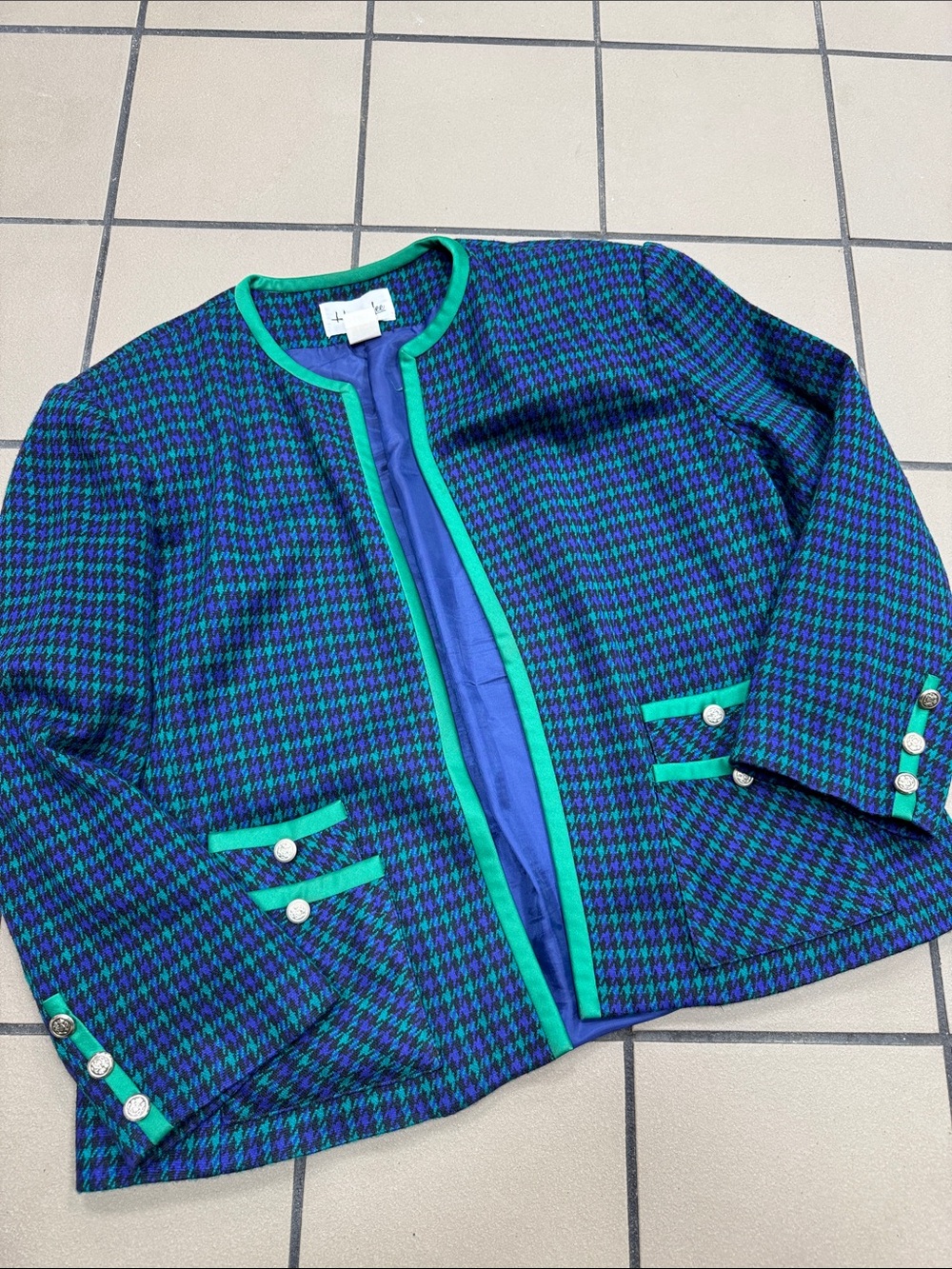 Blue & Green Houndstooth Collarless Blazer